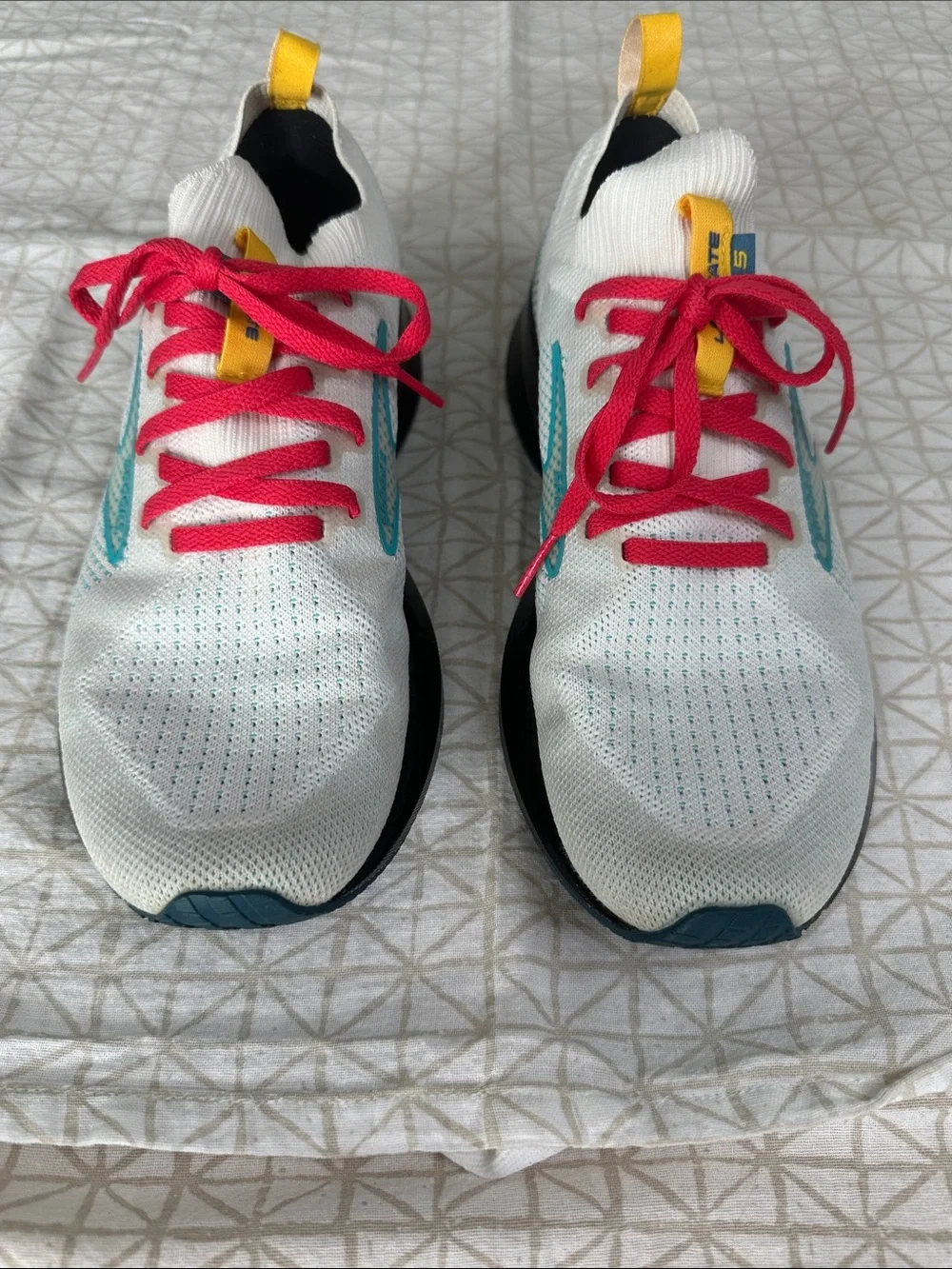 Women's Brooks Levitate 5 White Running Shoes with Yellow/Teal/Pink Accents